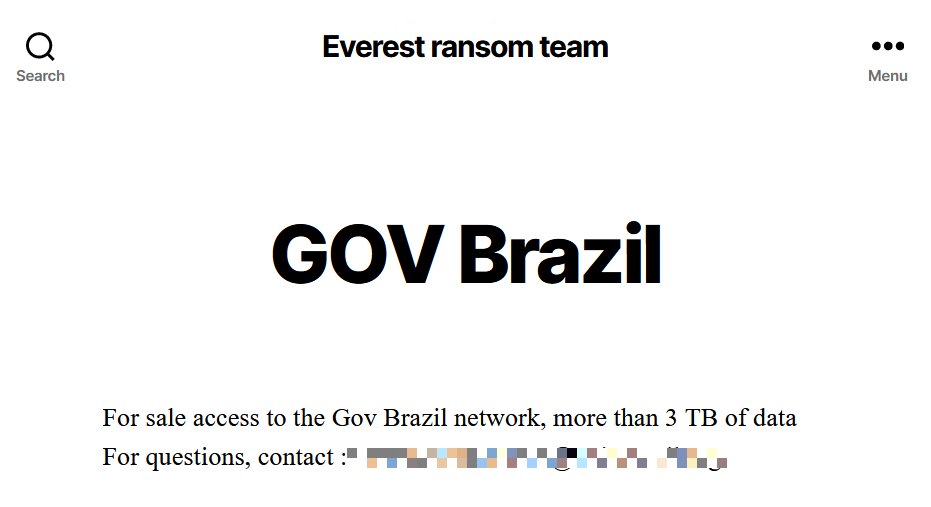 ido_cohen2's tweet photo. 🌐 Everest #Ransomware team just added The Brazil Government to the victim's list 🚨

Everest selling access to Gov Brazil network, "more than 3 TB of data" 🇧🇷

#Everest https://t.co/UTVfntnZNu