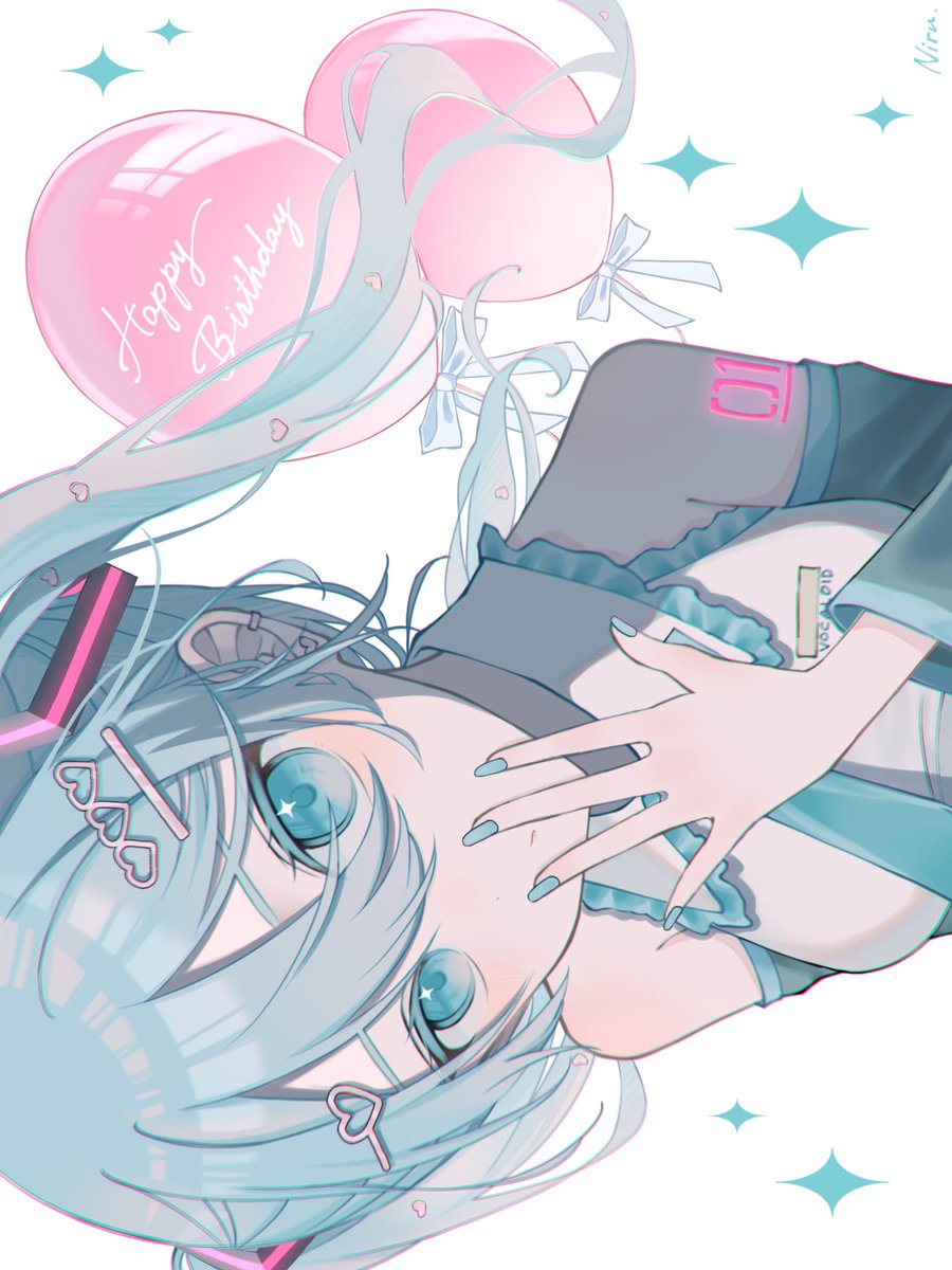 hatsune miku 1girl solo balloon twintails detached sleeves hair ornament necktie  illustration images