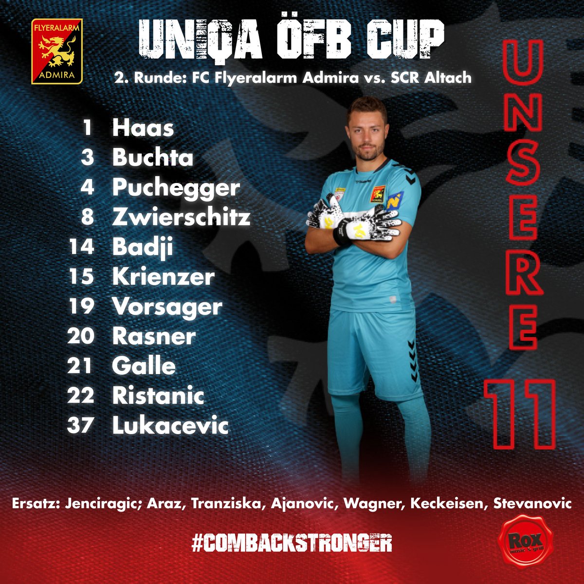 FCAdmiraWacker's tweet photo. Unsere Startelf für das Cup-Duell gegen @SCRAltach! 1⃣1⃣🙌 #admira #admalt #oefbcup @oefb1904 #comebackstronger https://t.co/I5iyVM3HEA