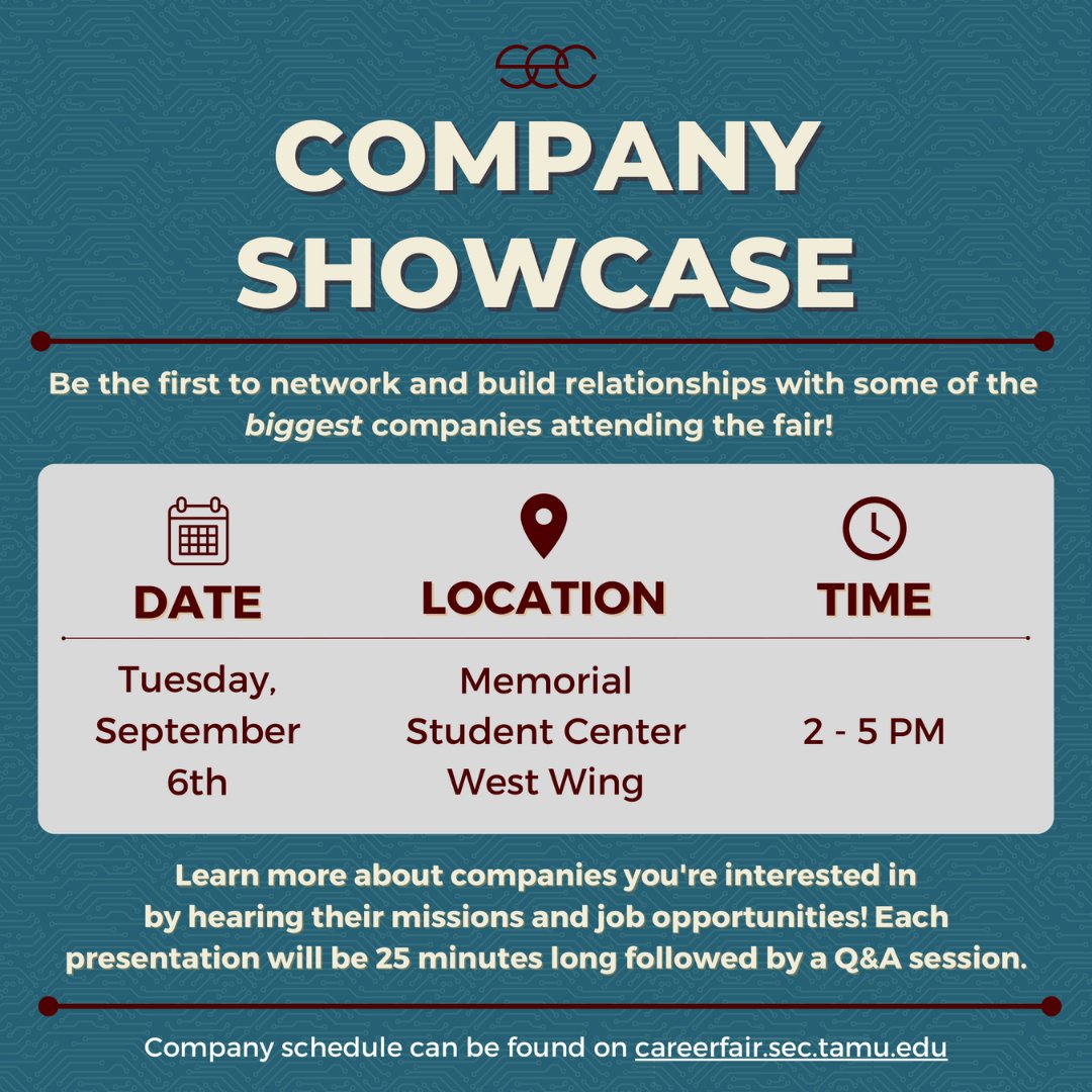 TAMUsec's tweet photo. Students are encouraged to check out the Company Showcase and Welcome Social! Both are great events that enables students to network with recruiters early and learn more about companies at the fair! 
To see the company schedule, visit our website https://t.co/dGkOTwslSH https://t.co/B7EOLMd28A