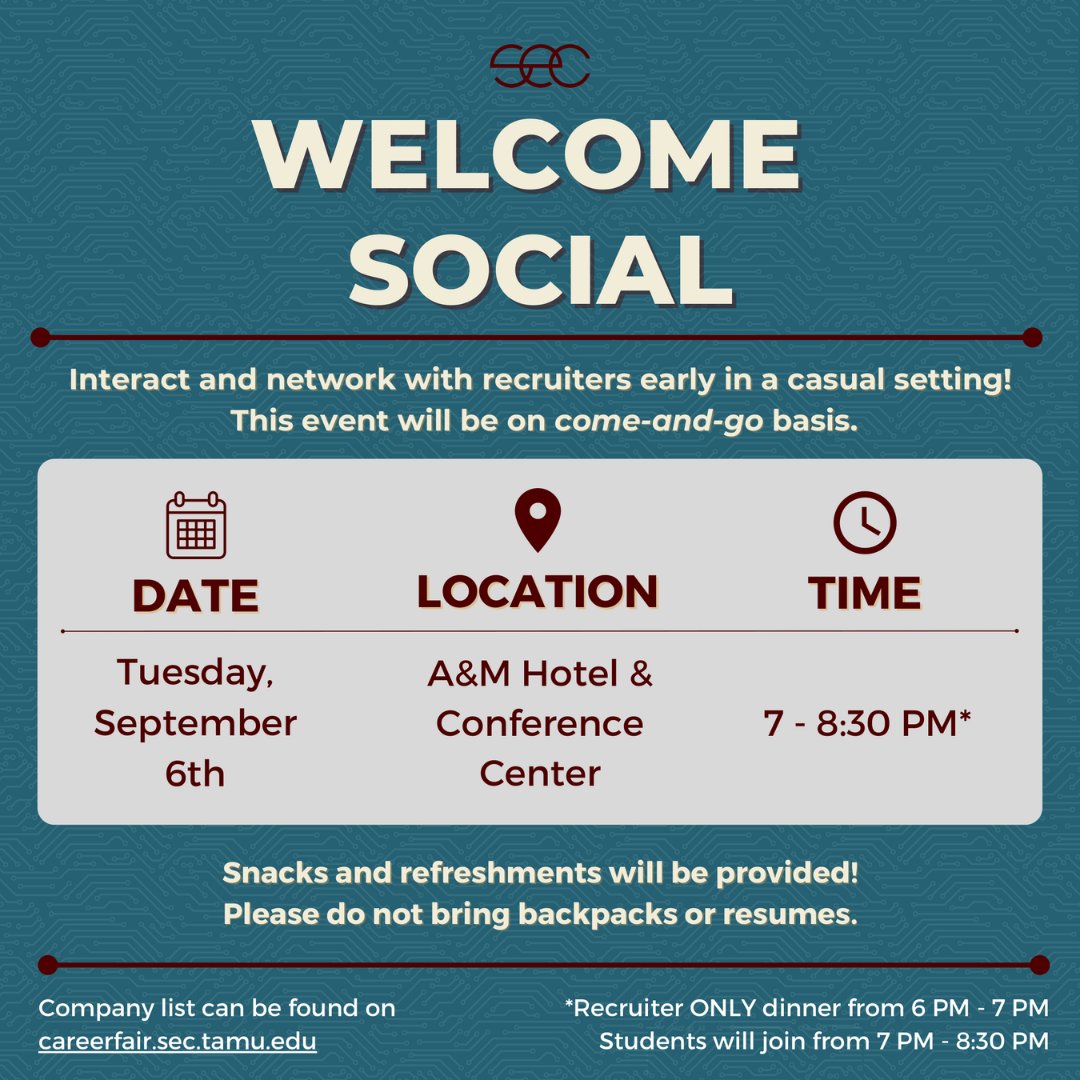 TAMUsec's tweet photo. Students are encouraged to check out the Company Showcase and Welcome Social! Both are great events that enables students to network with recruiters early and learn more about companies at the fair! 
To see the company schedule, visit our website https://t.co/dGkOTwslSH https://t.co/B7EOLMd28A