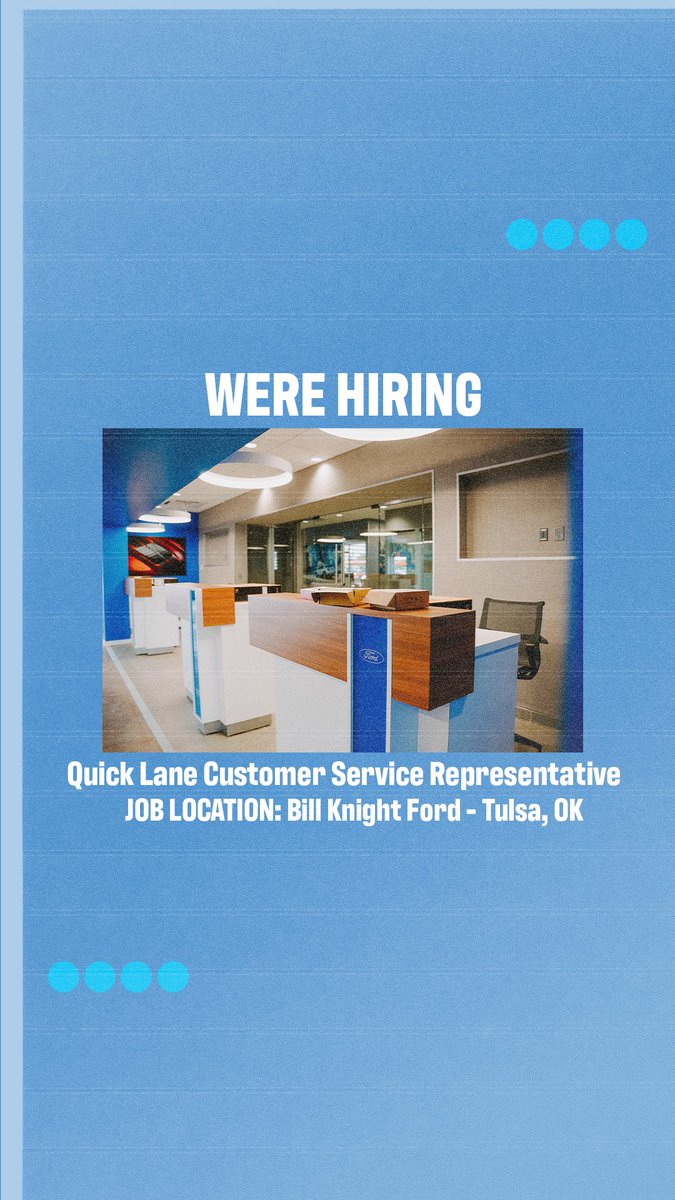 WERE HIRING✨

Join the Bill Knight Ford family in Tulsa as we’re looking to hire a Quick Lane Service Representative🚙

The link is in our bio to apply! 

#billknightford 
#tulsaoklahoma