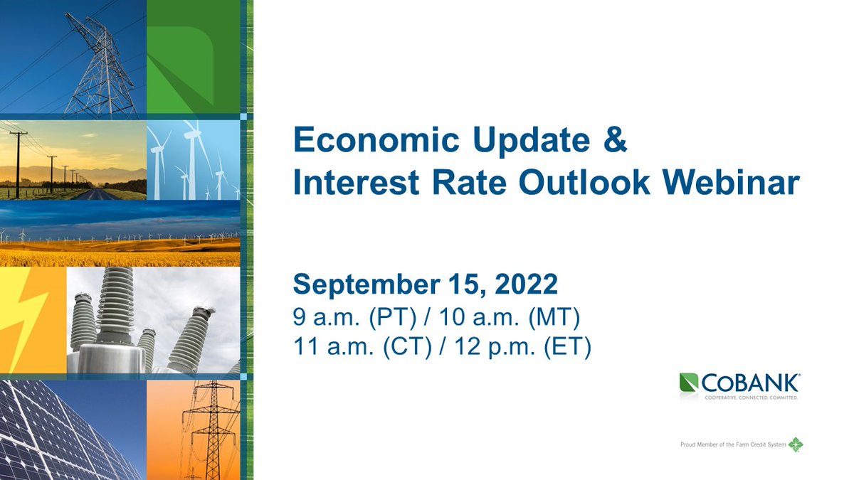 CoBank's tweet photo. Effects from the pandemic and Ukraine war continue to reverberate through the global economy. Get insights for your electric co-op on the labor market, inflation, interest rates and more at our Sept. 15 Economic Update webinar. Earn 1 CPE credit. Register: https://t.co/6enH55VyKs https://t.co/5O3wBKuPjy