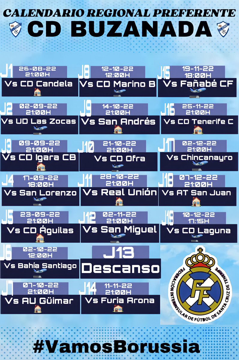 ¡COMIENZA LA 2ªJORNADA DE NUESTRO REGIONAL!
🔊Este viernes 02-09-22 nuestro regional se enfrenta a UD Las Zocas a las 21:00H en el campo municipal Juanito Marrero 💪🏻
⭕️No te lo pierdas y apoya a nuestro primer equipo‼️ 
#VamosBorussia ⚪️🔵