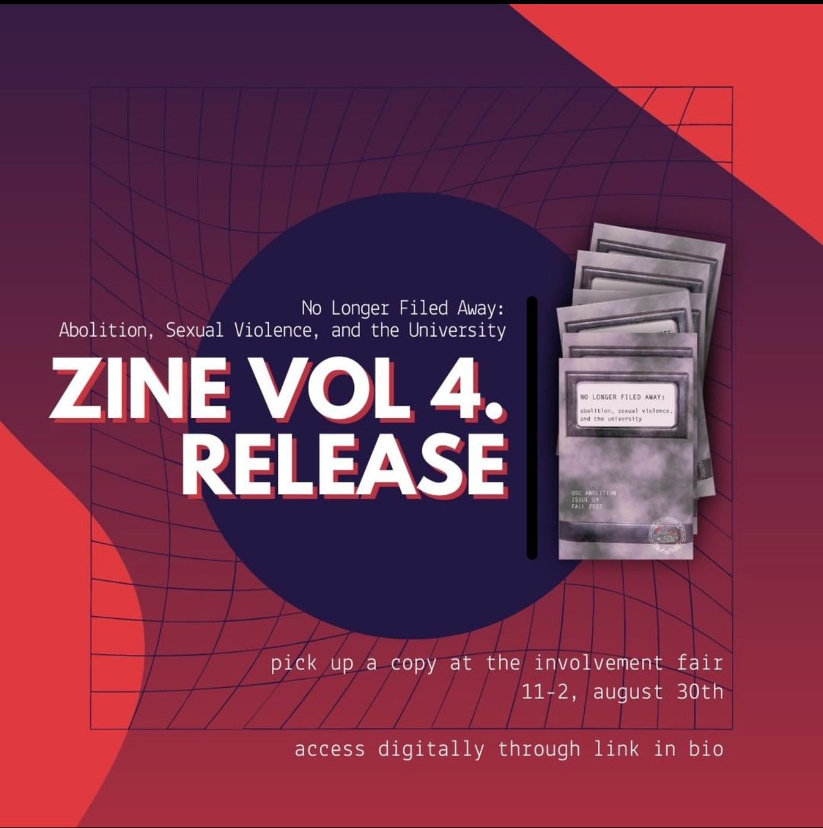 Our 4th Zine "No Longer Filed Away: Abolition, Sexual Violence, and the University" is out! You can access it digitally at uscabolition.wordpress.com/zines we've done our best to approach with care, but cw throughout for discussion of sexual assaults and institutional violence.