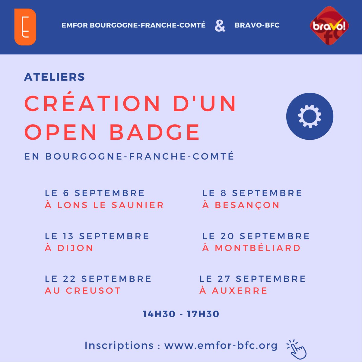 ✏ Ateliers conception d'open badges
par Emfor Bourgogne-Franche-Comté &amp; BRAVO-BFC
🗓 6 dates pour 6 villes en Bourgogne-Franche-Comté
▶ Informations et inscriptions : bit.ly/3TkO0ce