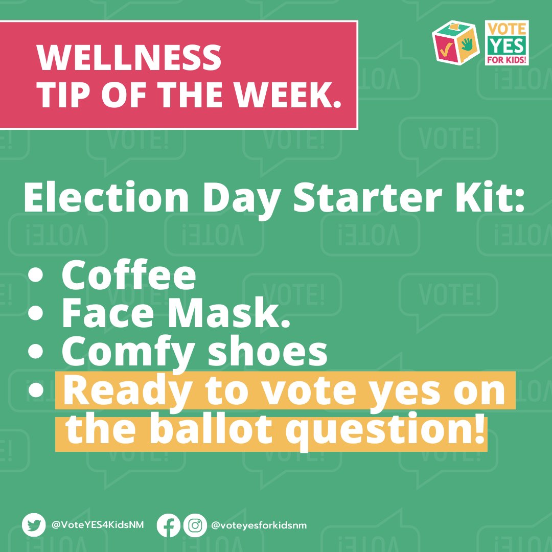 VoteYES4KidsNM's tweet image. #VotingTips on #WellnessMonth: Ask yourself...
What time will I be voting?
Where am I voting?
Do I have a mail-in ballot or am I going to the polls?
How will I get there?
Who else can I bring?
Do I need to take off work or secure childcare?
I WILL be #VotingYesforKidsNM 🗳 #nmpol