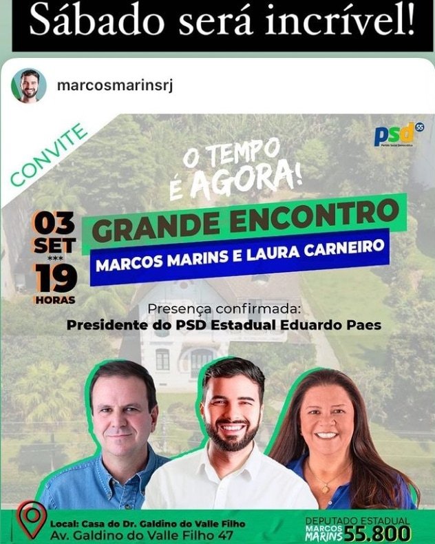 KnuppOficial's tweet photo. Chame seus amigos, parentes e venham no lançamento da candidatura de Marcos marins para deputado estadual 55.800
Presença da candidata a deputada federal Laura Carneiro e tambem estara presente o presidente do PSD e prefeito do Rio de Janeiro Eduardo Paes. https://t.co/pVT1oJrzmm
