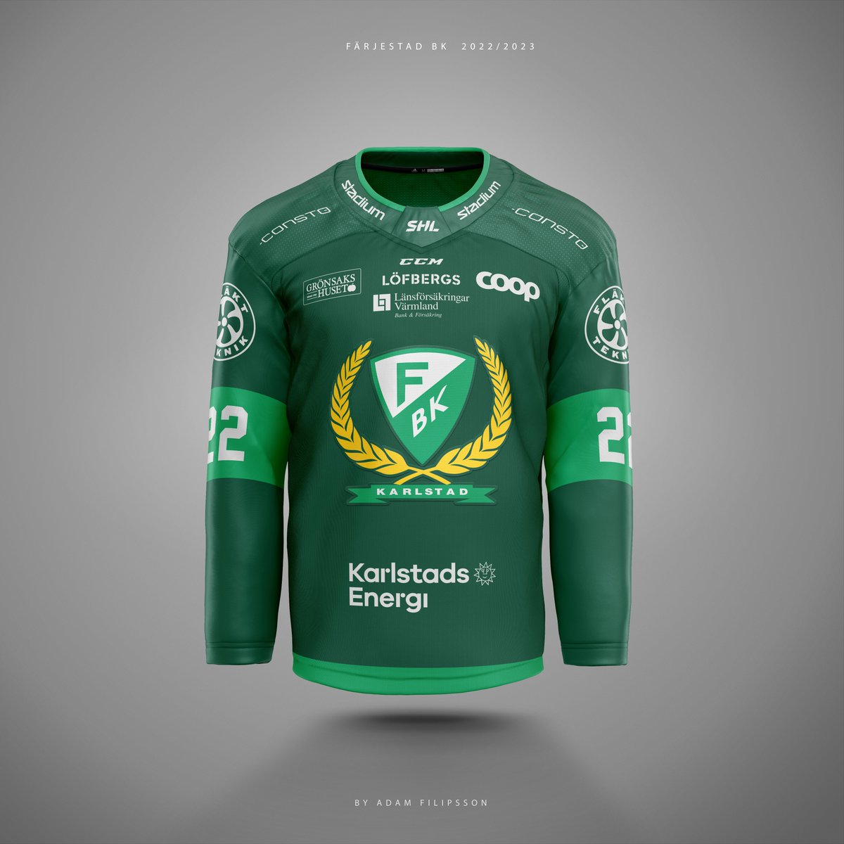 Färjestad BK 2022/2023 med färgintegrerad reklam.