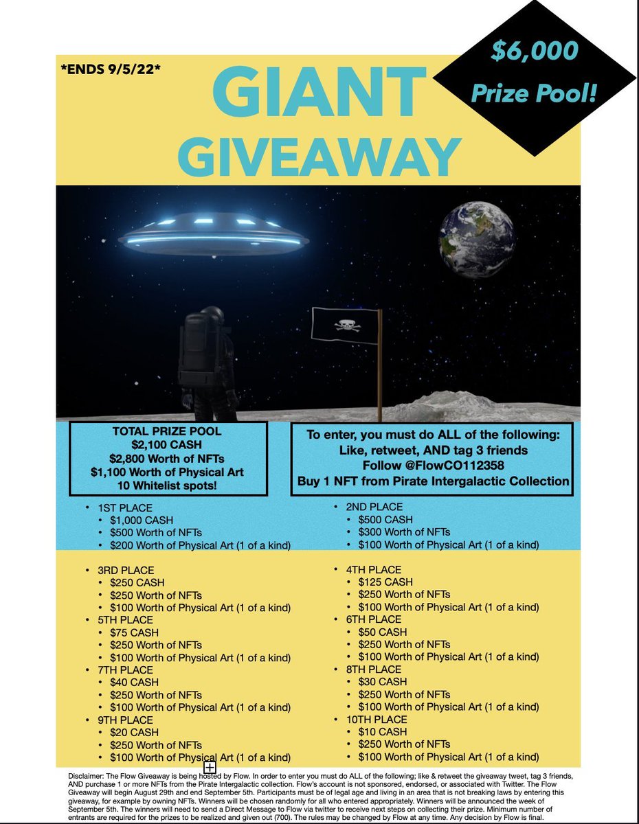 LouisFN_'s tweet photo. 🔥 GIANT GIVEAWAY 🔥
$6,000 PRIZE POOL, 10 winners!

To Enter, Must Do ALL 3 Below: 
1️⃣Like, rt, &amp; tag 3 friends
2️⃣Follow @FlowCO112358
3️⃣Purchase 1 👉🏽 Giant Leap For Jolly NFT (~$10)

#nftart #NFTGiveaways  #NFTs
https://t.co/JcmFTNdI3S https://t.co/dc7dOcbE6t