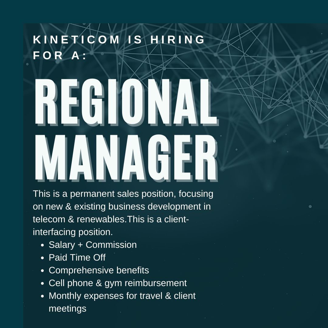 We are seeking a permanent Regional Business Development Manager to add to our sales team! Our ideal candidate will have a telecommunications background &amp; network. You are outgoing, collaborative, and a ‘go-getter’. 
Interested? Submit your resume at jobs.kineticom.com

#b2b