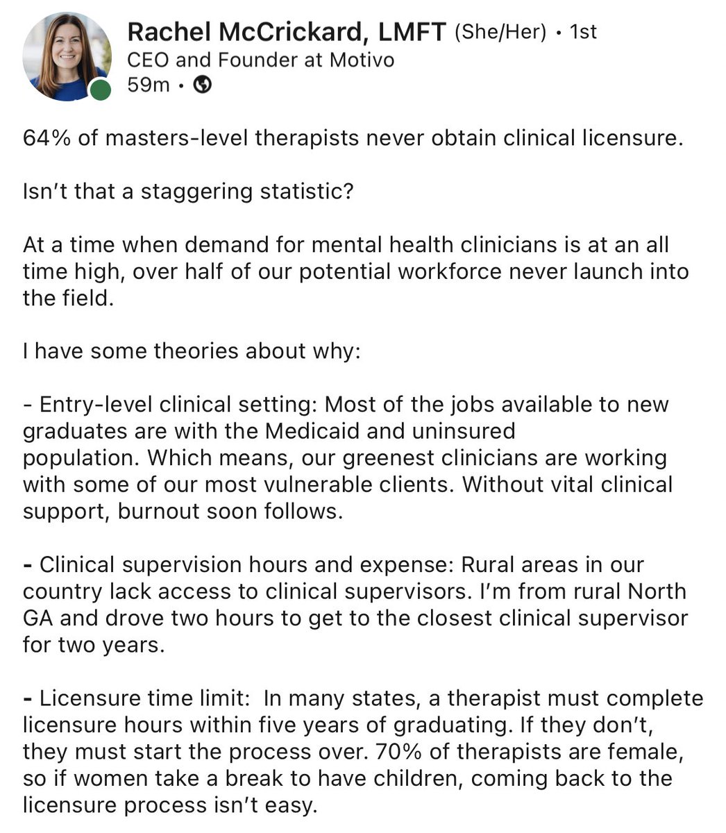MichaelFulwiler's tweet photo. 64% of masters-level therapists never obtain clinical licensure, according to data from @motivohealth. 🤯 https://t.co/57nzJbMdMk