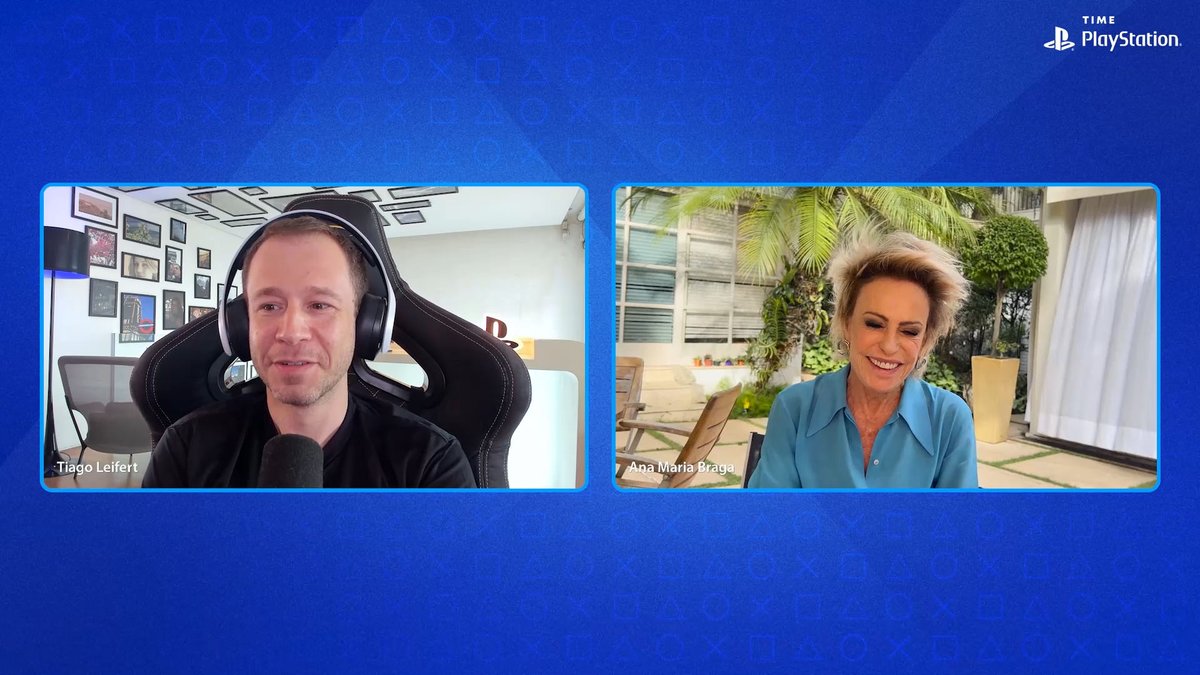PlayStation_BR's tweet photo. "Acoooorda, menino!" 
A entrevistada da vez é Ana Maria Braga🎉 E ela já chegou mostrando todo seu conhecimento e habilidades de gamer, para arrasar!

Confira o vídeo completo no nosso YouTube: https://t.co/1NPf2CktP6
#TimePlayStation https://t.co/ABBhmscJ6f