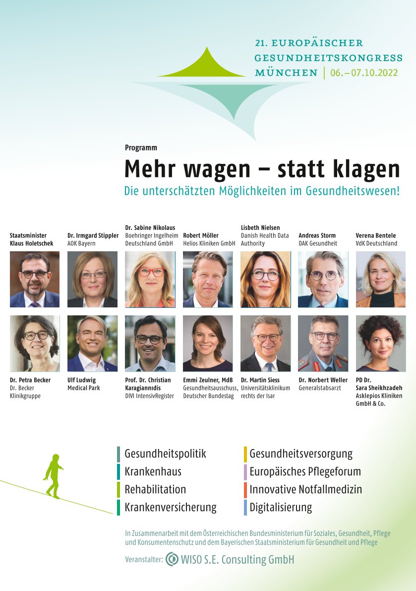 Der 21. Europäische Gesundheitskongress #EGKM2022 findet unter dem Motto „Mehr wagen statt klagen – die unterschätzten Möglichkeiten im Gesundheitswesen!“ statt. 

Das Programm finden Sie unter: gesundheitskongress.de/programm-2022.…   
Buchen Sie hier Ihr Ticket unter: gesundheitskongress.de/registrierung-…