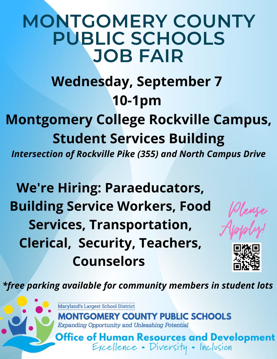 Join MCPS on Wednesday, 9/7 from 10-1:00pm @ Montgomery College - Rockville Campus.  We're hiring!
<a href="/MCPS/">MCPS</a> <a href="/MCPSCareers/">MCPS Human Resources</a>