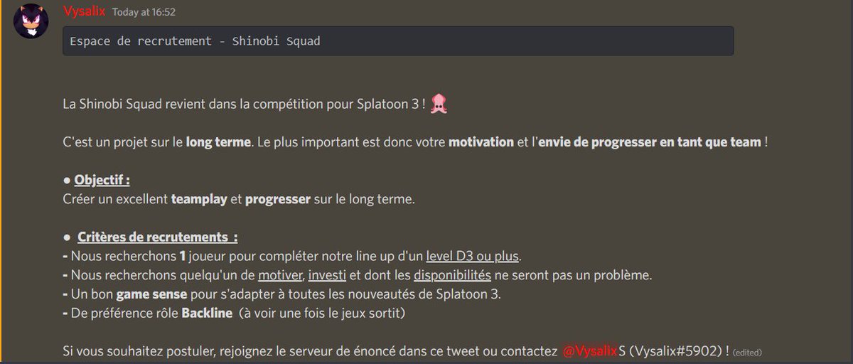 La Shinobi Squad revient dans la compétition pour Splatoon 3 ! Nous recherchons 1 joueur pour compléter notre line up, toutes les informations ci-dessous ⬇️

Si vous êtes intéressés, voici le lien du serveur : 
discord.gg/Gq26HxvBfd