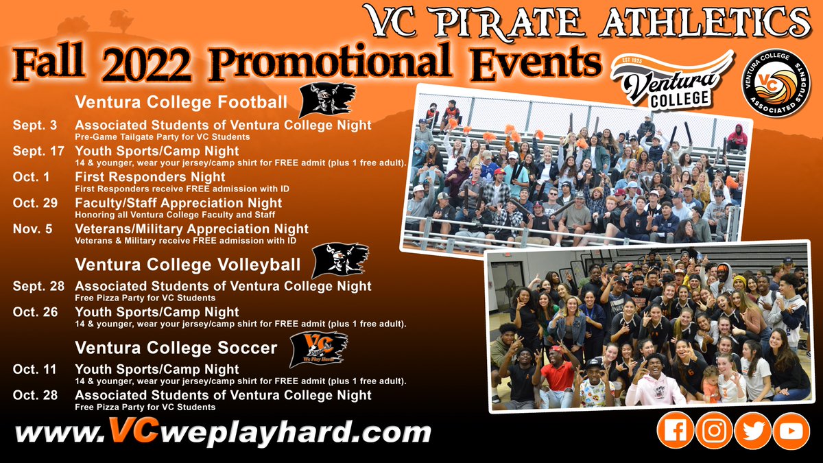 The VC Athletic Department's fall seasons jump into full swing  with six of the seven sports in action. VC Athletics is excited to announce our promotional schedule beginning with a pizza/tailgate party on Saturday Sept. 3 in partnership with the ASVC.
vcweplayhard.com/general/2022-2…