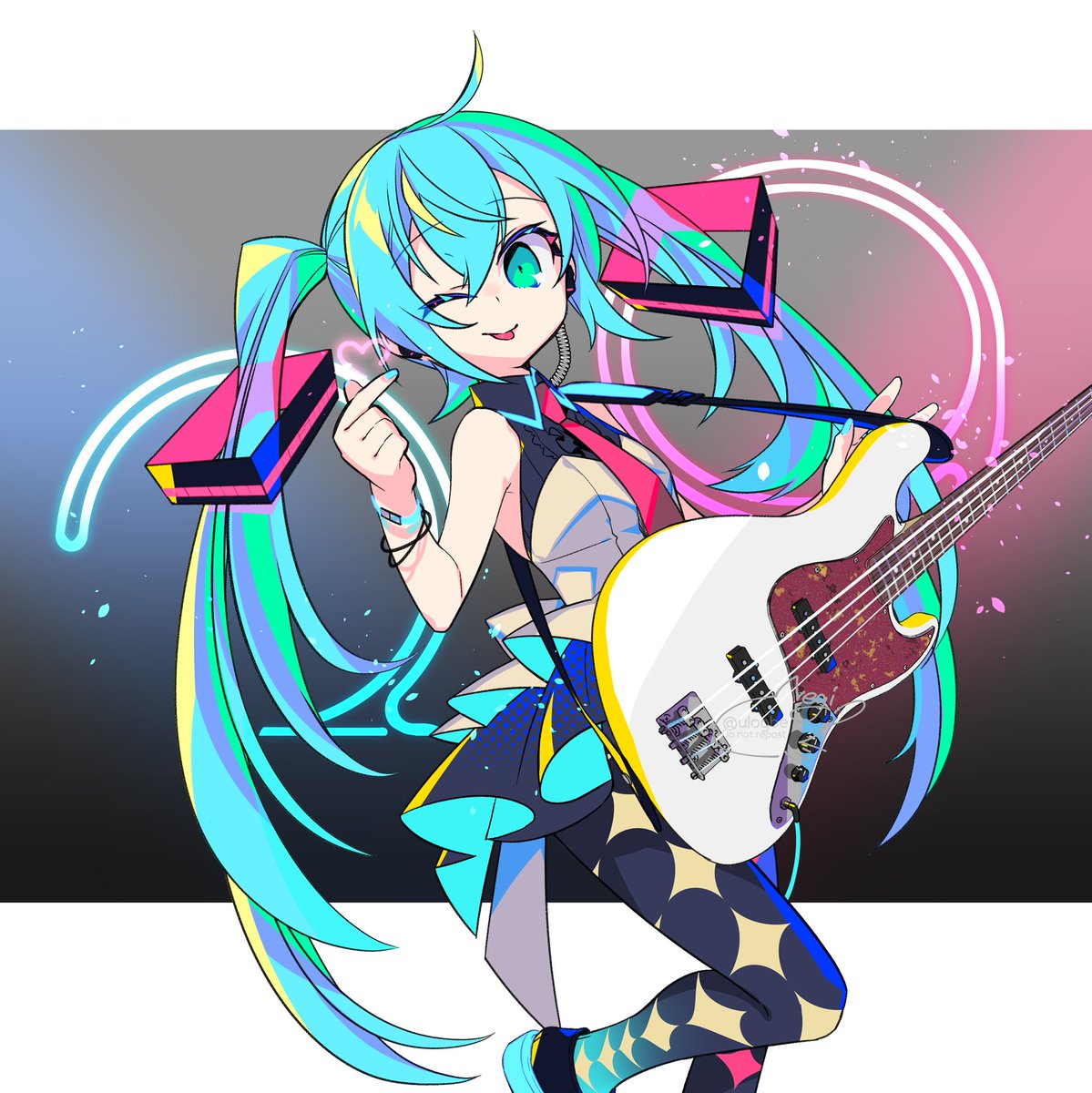 hatsune miku 1girl solo instrument long hair guitar one eye closed twintails  illustration images