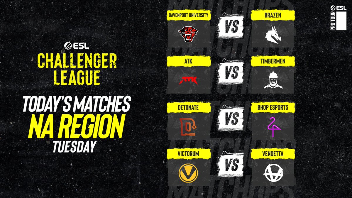 ESEA League (@esea) on Twitter photo North America is back in action for another week of the #ESLChallengerLeague 🙌
<a href="/DU_Esport/">Davenport Esports</a> vs. <a href="/brazen/">Brazen</a>
📺 twitch.tv/esl_csgob
<a href="/ATKesportsGG/">ATK Esports</a> vs. <a href="/timbermenGG/">timbermen</a>
📺 twitch.tv/esl_csgo
<a href="/ggDetonate/">DETONATE</a> vs. <a href="/bhopesports/">BHOP Esports</a>
@victorum_csgo vs. Vendetta
Games will start in one hour! North America is back in action for another week of the #ESLChallengerLeague 🙌
<a href="/DU_Esport/">Davenport Esports</a> vs. <a href="/brazen/">Brazen</a>
📺 twitch.tv/esl_csgob
<a href="/ATKesportsGG/">ATK Esports</a> vs. <a href="/timbermenGG/">timbermen</a>
📺 twitch.tv/esl_csgo
<a href="/ggDetonate/">DETONATE</a> vs. <a href="/bhopesports/">BHOP Esports</a>
@victorum_csgo vs. Vendetta
Games will start in one hour!