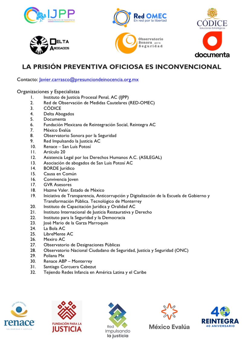 Celebramos que la @CorteID esté analizando la #prisiónpreventiva.

La imposición de #prisiónpreventiva, sin debate, se convierte en una condena anticipada contraria a los estándares internacionales.

<a href="/SCJN/">Suprema Corte</a> <a href="/CIDH/">CIDH - IACHR</a> <a href="/FJEDD/">Fundación para la Justicia</a> <a href="/Reintegra/">Fundación Reintegra</a> <a href="/DocumentaAC/">Documenta A.C.</a> <a href="/ppinocenciamx/">IJPP</a>