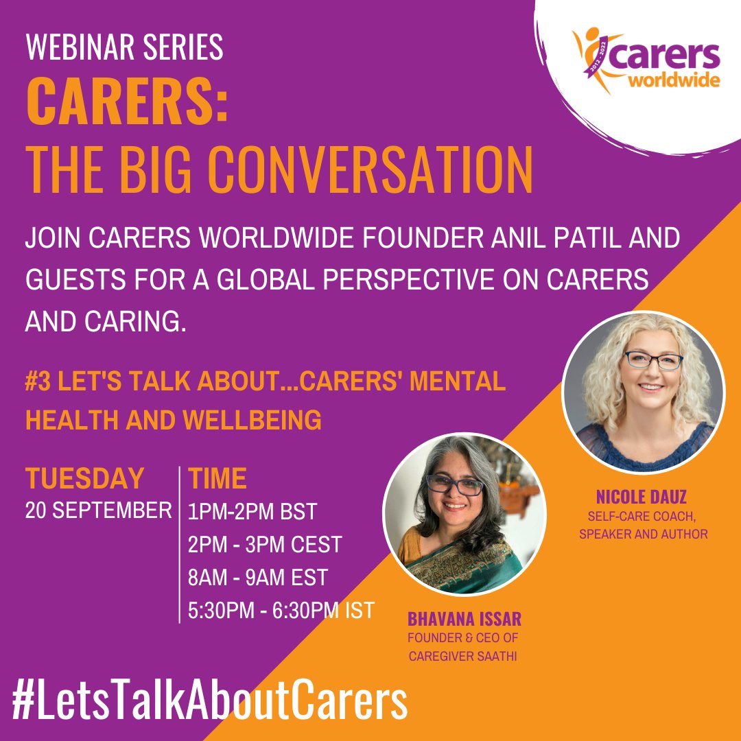 CarersWorldwide's tweet photo. Register now for our next webinar
👉🏾 https://t.co/liTcqhg4ap
💻 #LetsTalkAboutCarers’ #MentalHealth and #Wellbeing
🗓️ 20 September, 1pm BST

Anil and Chris will be talking to @BhavanaIssar, CEO &amp; Founder of @caregiversaathi and @nicoledauz, self-care coach, speaker &amp; author. https://t.co/NVOFat8XRj