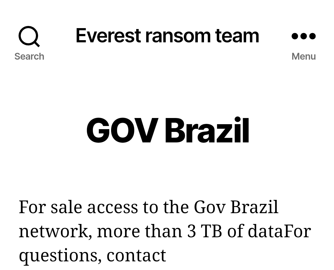stealthmole_int's tweet photo. [ALERT] Everest ransomware gang has announced "GOV Brazil" on the victim list. https://t.co/N5i0LL6K5W