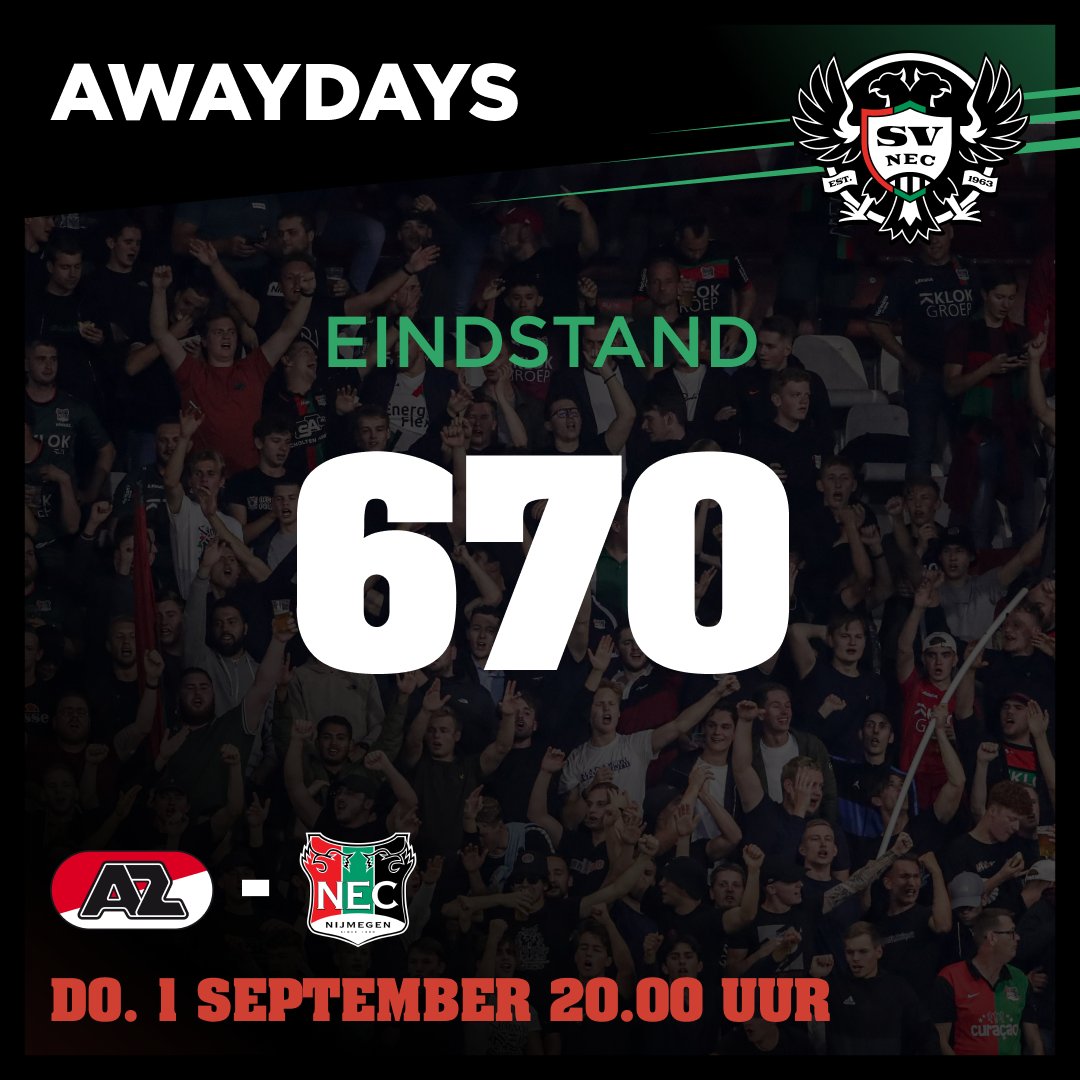 SVNEC's tweet photo. NEC wordt donderdag door tenminste 670 supporters in Alkmaar gesteund. Voor deze donderdagavond een fantastisch aantal! 

Er is nog een aantal kaarten beschikbaar. Informeer bij NEC als je nog last-minute mee wil. https://t.co/W7Z381TLhn
