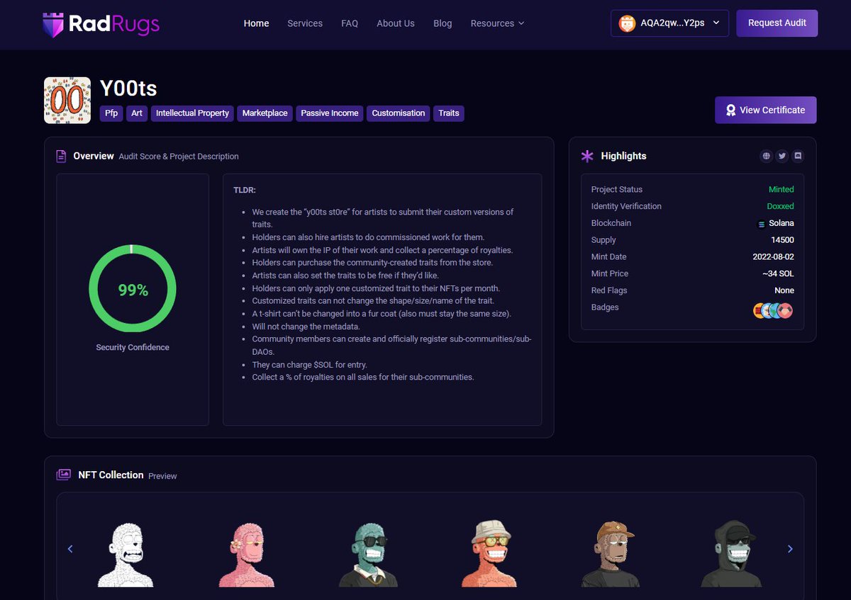 Do you want to know more about <a href="/y00tsNFT/">y00ts</a>?

🔍 Their audit is live: 
radrugs.io/projects/Y00ts

#Solana #y00ts #DUST #NFTCommunity #NFTCollection