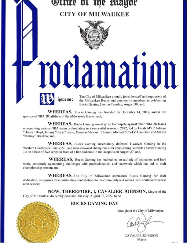 BucksGG's tweet photo. Today, August 30th, is now officially known as "Bucks Gaming Day" in Milwaukee County and the City of Milwaukee. 

Thank you to the city for always having our back, this one is for you. https://t.co/Vvf6bXAFoo