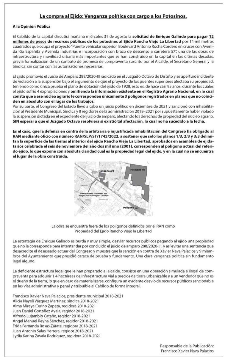 Mi solidaridad con <a href="/navaslp/">Xavier Nava</a> ante la persecución política que sufre del cártel de San Luis, también conocido como gobierno del estado, y sus aliados del cabildo de la capital. Usar las instituciones para vengarse y eliminar opositores es propio del régimen que el navismo enfrentó