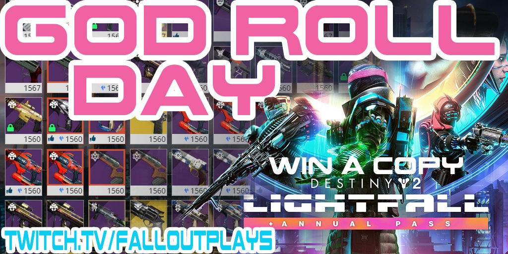 falloutplays's tweet photo. Reset Day? No. GOD ROLL Day.
I have a list of 14 God Rolls I'm hunting. Every Tuesday between now &amp; the end of Season 18 in @DestinyTheGame. If I get ANY of them, I pause stream &amp; raffle away me paying for your copy of D2 LIGHTFALL. Starting right now
🔴👉https://t.co/Q6yUIunBw0 https://t.co/oXvxvGdcTw
