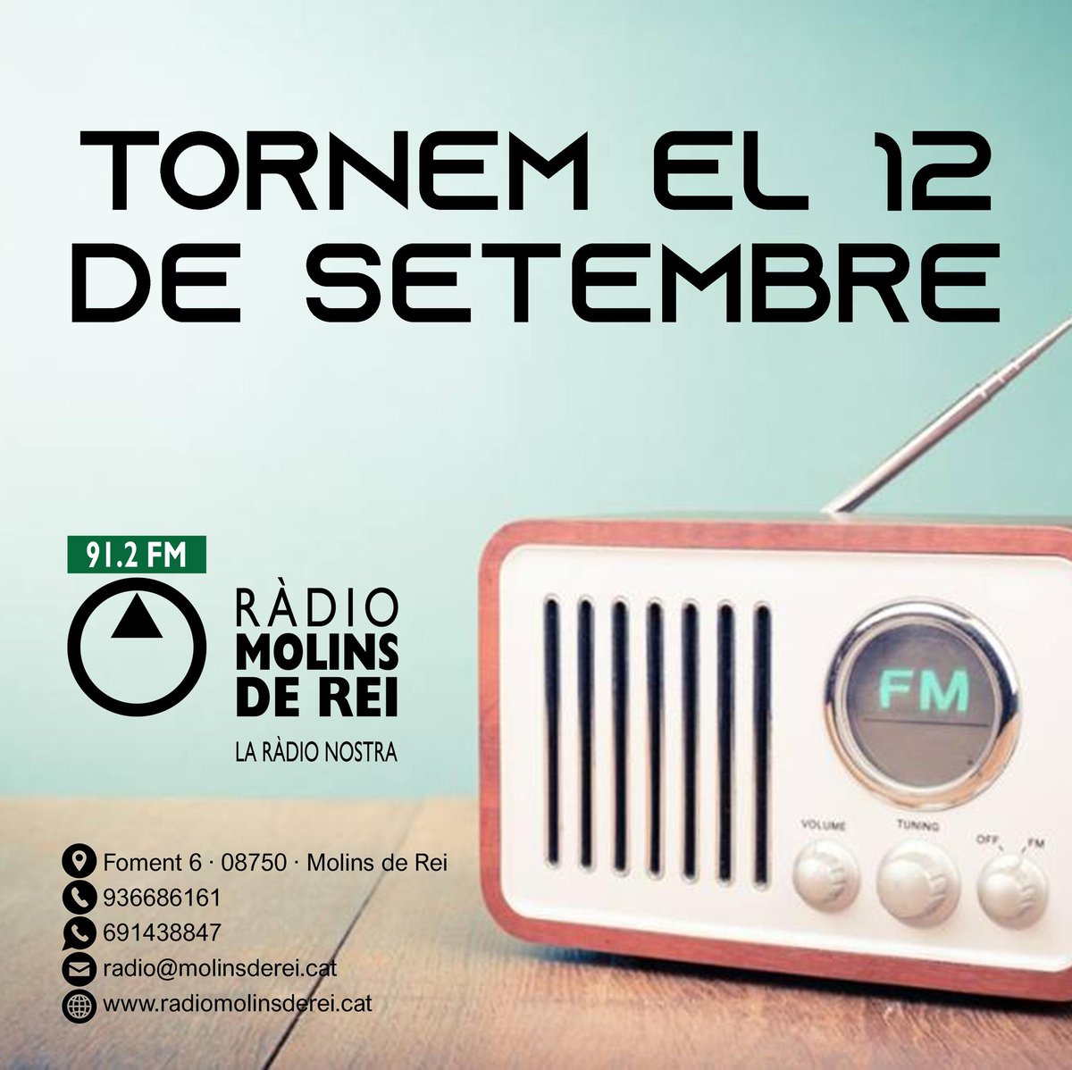 Dilluns 12 de setembre torna la programació habitual a la nostra graella amb diverses novetats. Us ho anirem explicant! #Molinsderei