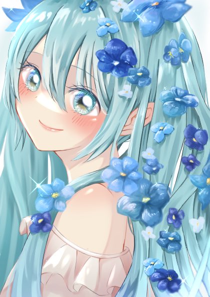 hatsune miku 1girl solo flower blue flower smile hair flower long hair  illustration images