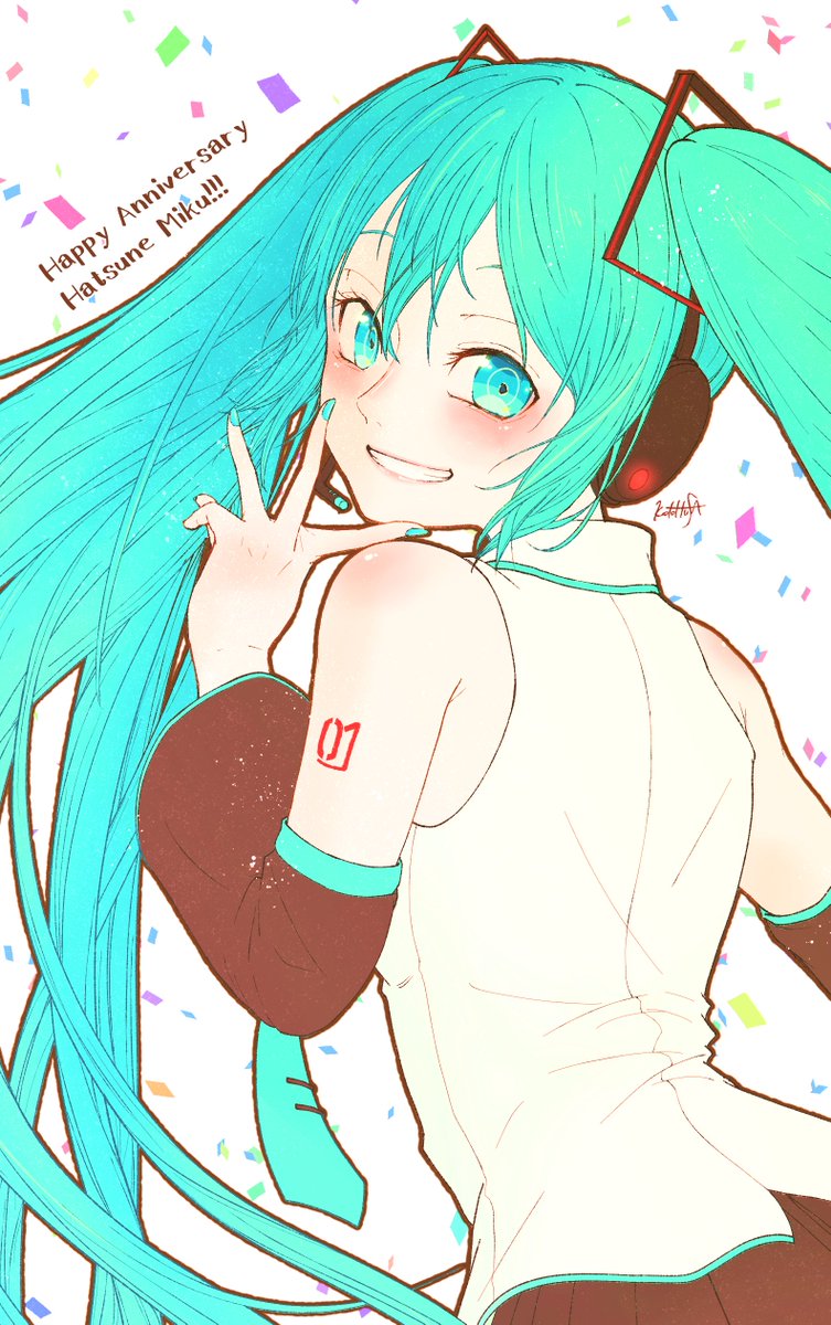 hatsune miku 1girl solo long hair twintails detached sleeves smile looking back  illustration images