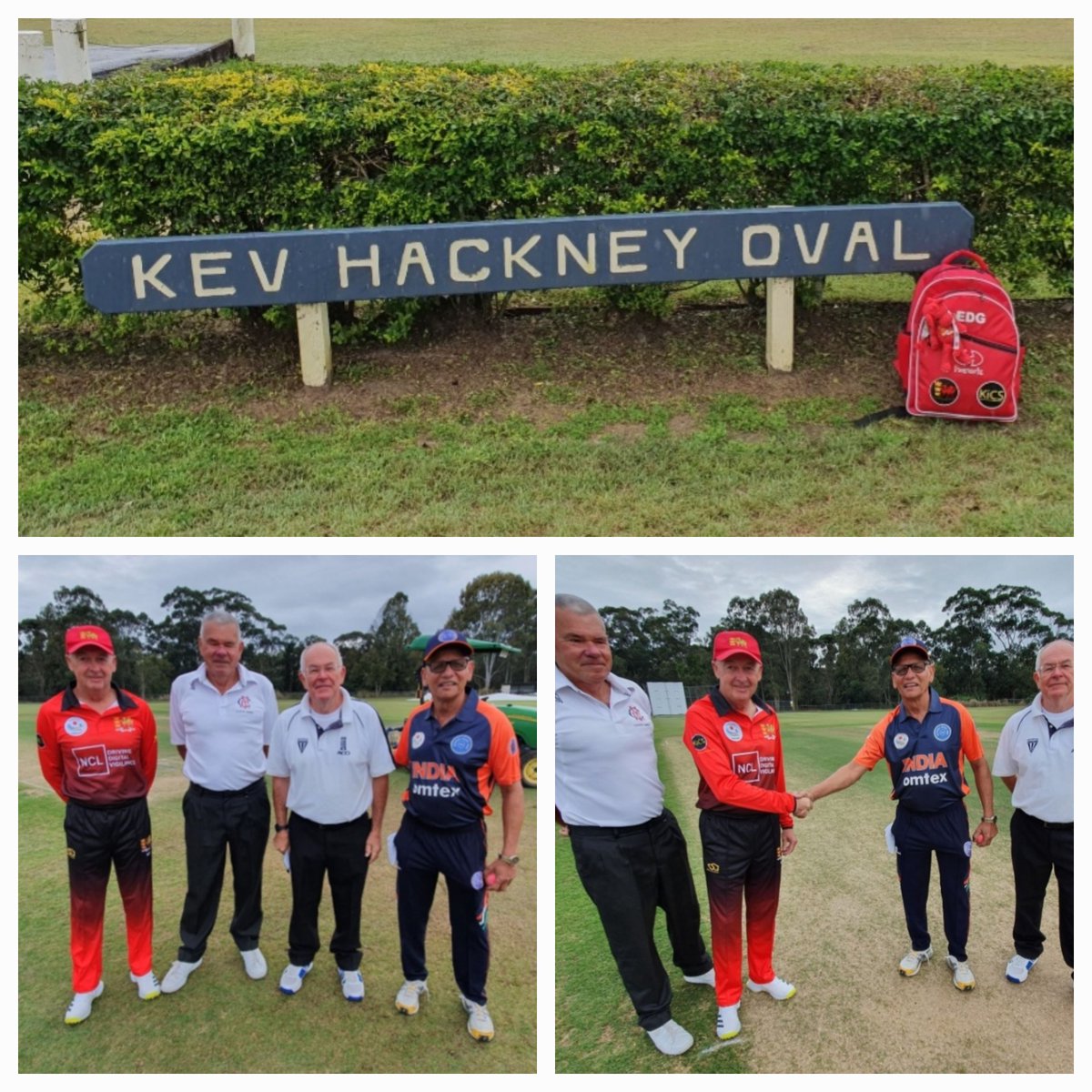 SeniorsWales's tweet photo. Our over 60s against India at the Kev Hackney Oval. Captains and umpires. #topworkout https://t.co/iitau8NcE6