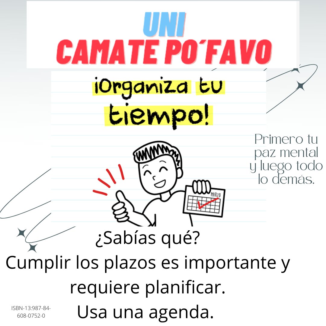 ErickaR240101's tweet photo. @AlumnosMx El buen rendimiento del universitario depende en gran medida de una adecuada gestión y organización del tiempo. 
Estudiar en un sitio tranquilo libre de interrupciones.
Planificar e identificar prioridades.
Recomendamos usar una agenda.
#alumnosunimx. 
#doblesie7e https://t.co/ZaYsKAvqQu