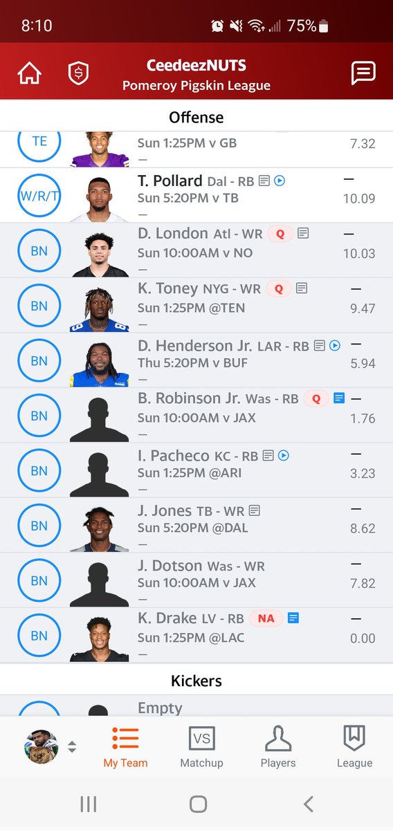 FukudaBrandon's tweet photo. @MattFtheOracle Need to drop 2 for def and kicker eventually. Hoping for more clarity, but if things stay murky, who do you lean? https://t.co/s15eQabf2X