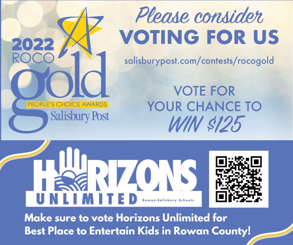 We are so thrilled to be nominated for the ROCO Gold 2022! Voting is now open!! Make sure to vote for Horizons Unlimited as The Best Place to Entertain Kids in Rowan County before September 13. You can vote by clicking salisburypost.com/contests/rocog…... or by scanning the QR code!
