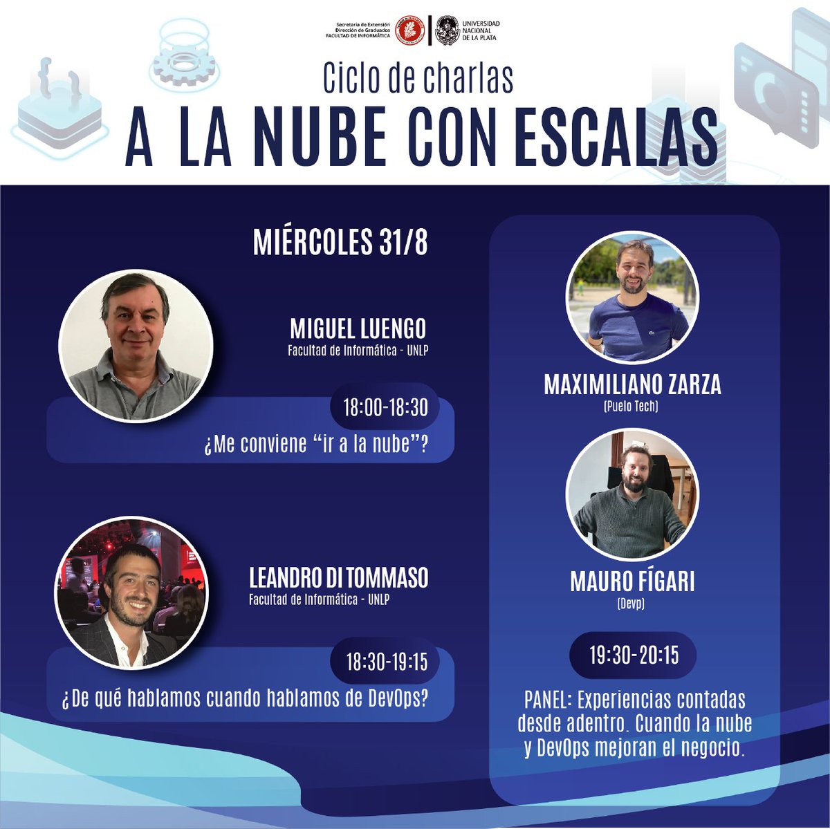 FIExtension's tweet photo. 📣Mañana comienza el primer encuentro del ciclo "A la nube con escalas"☁️💻. 
🕛  18 a 20:30 hs.
📝 Inscripción a las charlas  👉🏽https://t.co/y2CH2rY5HU

@InformaticaUNLP @mikroways @puelotech @cpcibaconsejo @Sadio_Oficial @arba @ARSATSA @economia_ar @luengomiguel @car_unlp https://t.co/lTkM6WoxiZ