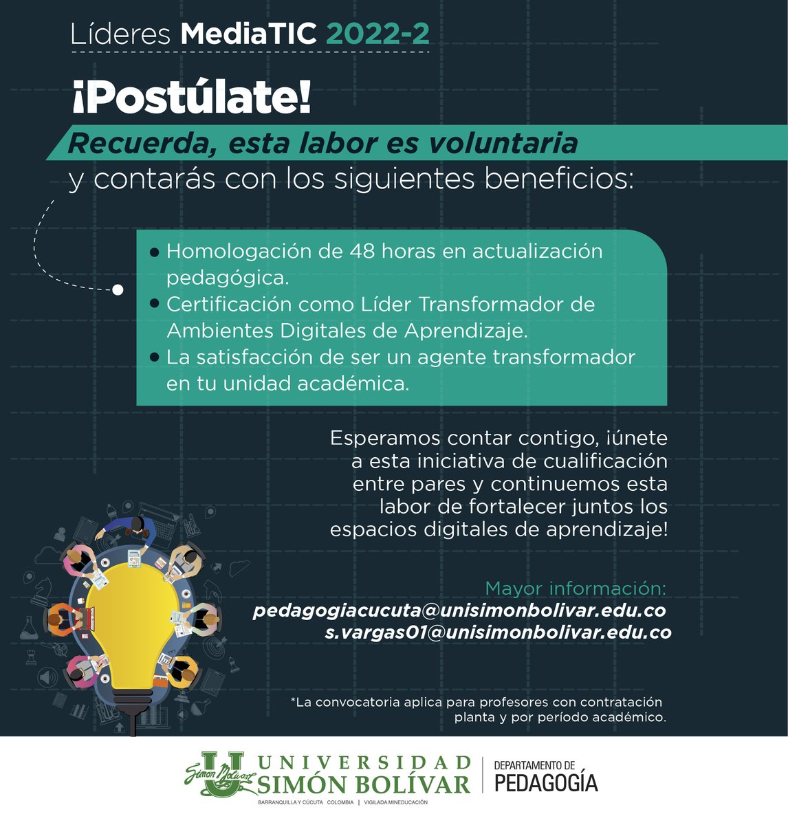 unisimoncucut's tweet photo. #Participa | Profesor anímate y haz parte de la renovación del programa Líderes MediaTIC, acompaña a tus pares y construyamos espacios digitales de aprendizaje dinámicos y efectivos para nuestros estudiantes.

Realiza tu postulación aquí ➧ https://t.co/ymvKnGPVOG. #SomosUnisimón https://t.co/r7av3W7OTu