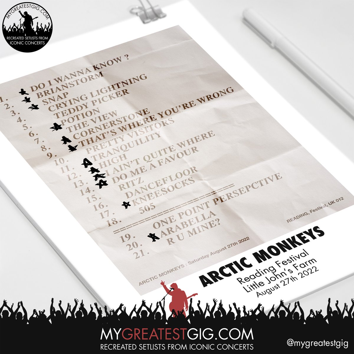 greatestgig's tweet photo. Did anyone see Arctic Monkeys at #RandL22 over the weekend? Setlist looked pretty good...
#mygreatestgig #recreatedsetlist #ArcticMonkeys #readingfestival2022 #setlist #LeedsFestival2022 https://t.co/48RortIkvL