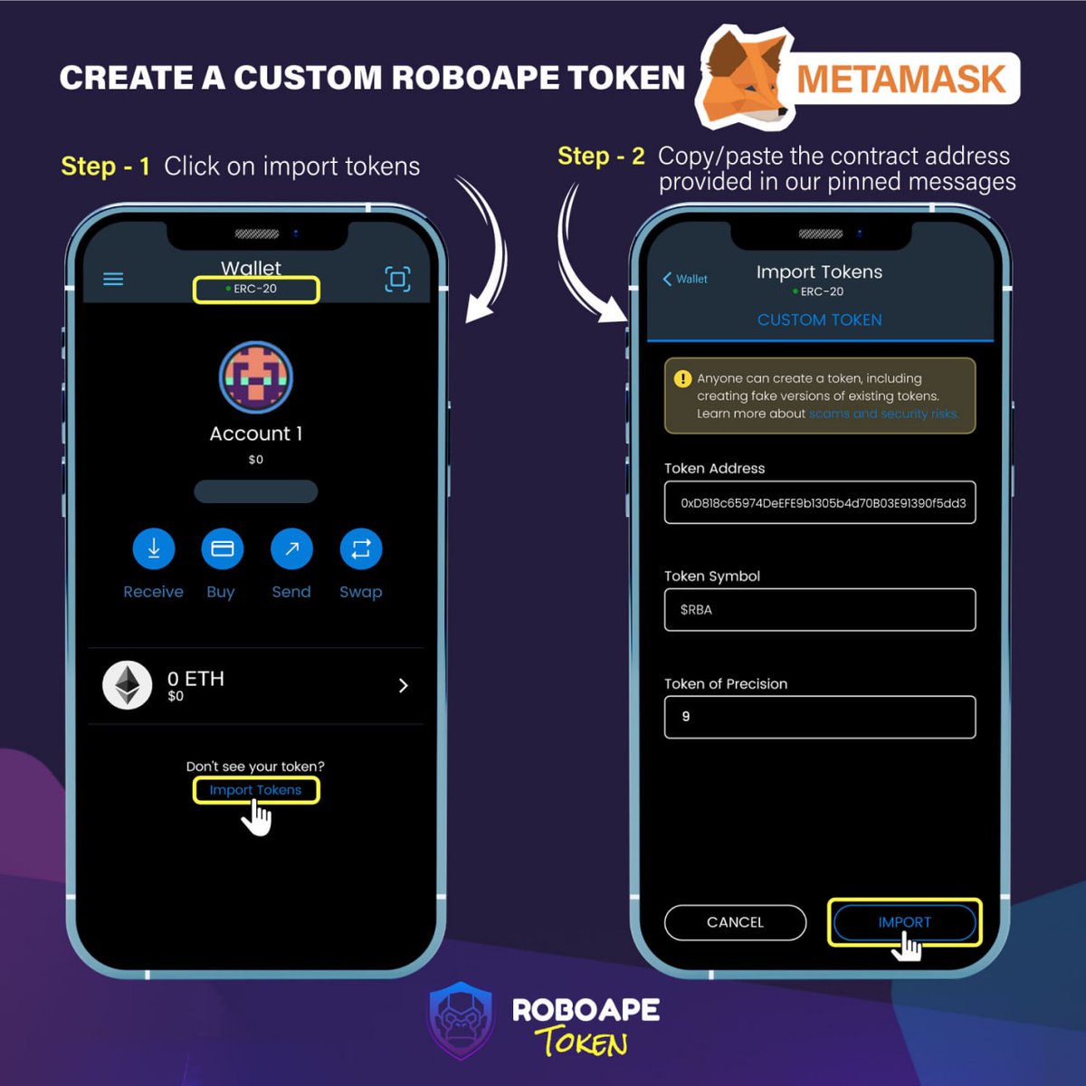 ROBOAPE_TOKEN's tweet image. ROBOAPE 🦍

For Metamask users 🦊

Follow the instructions to create a custom Roboape Token! 

🔽 Make sure you input the correct contract address 🔽

0xD818c65974DeEFE9b1305b4d70B03E91390f5dd3