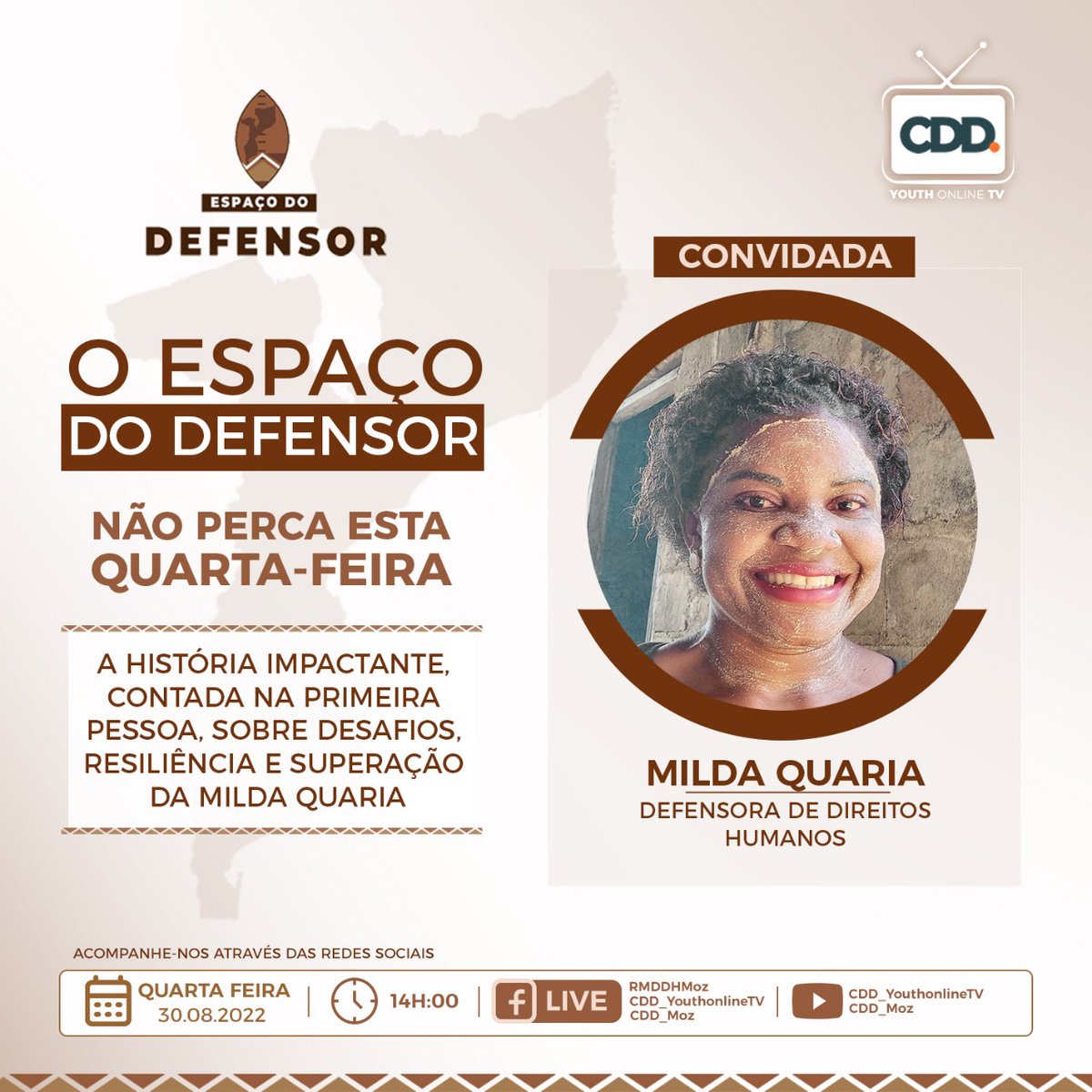 RMDDH_Moz's tweet photo. #EspaçoDoDefensor✊
Amanhã, às 14 horas, a impactante história da jornalista e defensora dos direitos humanos, @MildaQuaria.
Não perca!
#MozambiqueDefenders
#TogetherWeDefend
#RMDDH https://t.co/sf2rEzWJkF