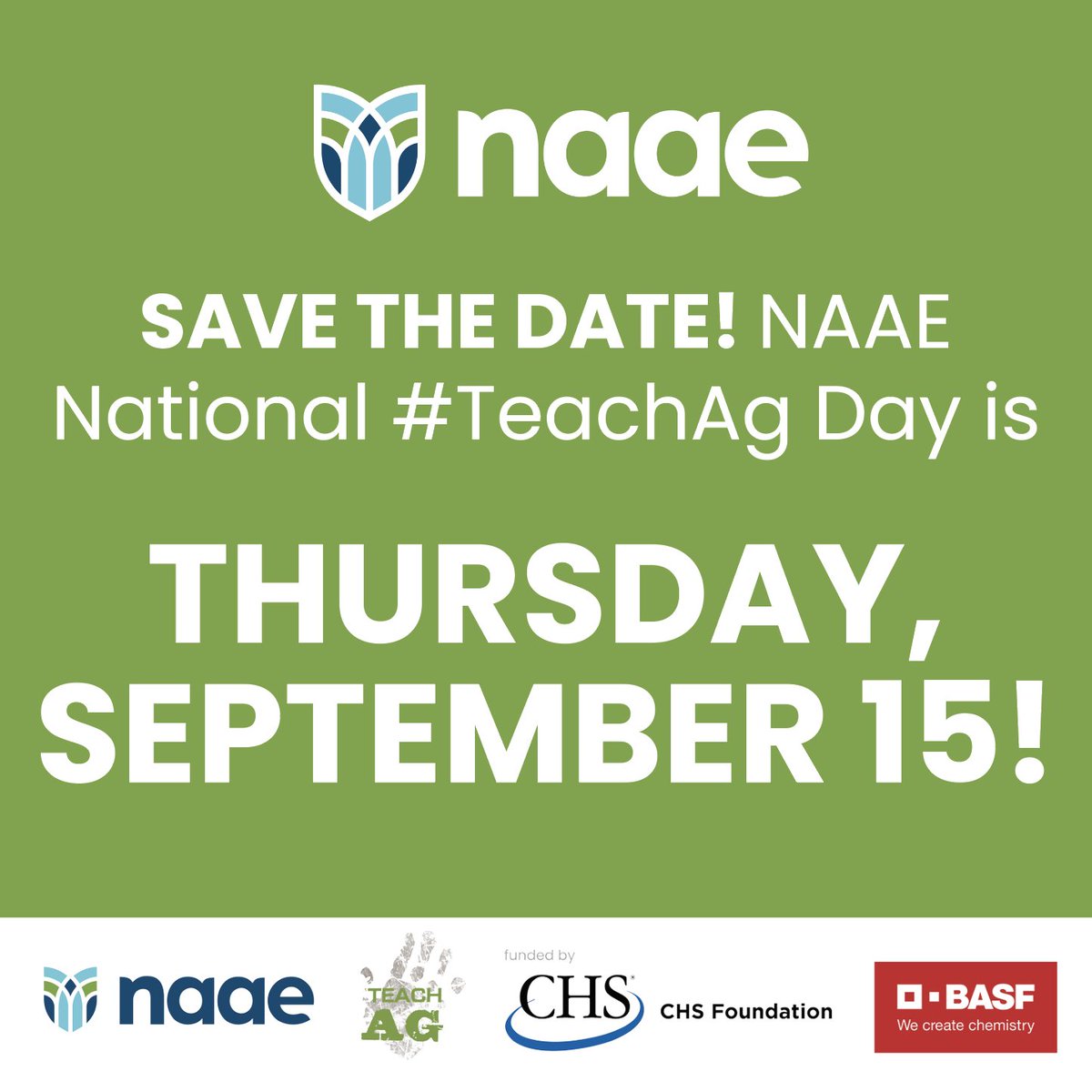NAAE's tweet photo. SAVE THE DATE! NAAE National #TeachAg Day is Thursday, September 15, 2022. More details, including teacher resources, information about our webcast celebration, and more are coming very soon! https://t.co/pzY9l0Yl9U