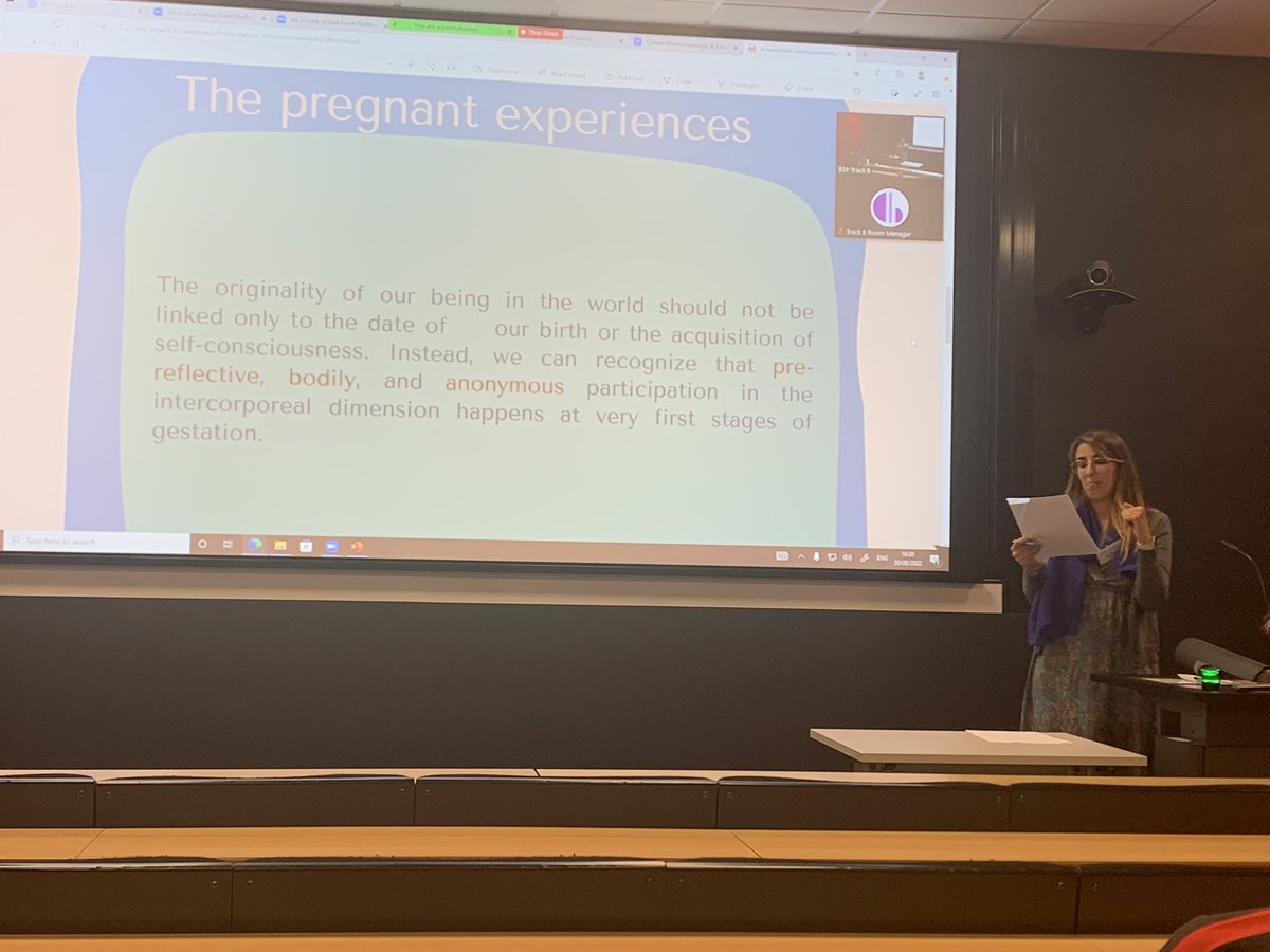 Watching the fantastic <a href="/miglio_nicole/">Nicole Miglio</a> <a href="/BritishPhen/">British Society for Phenomenology</a> conference in Exeter on pregnancy and intercorporeality
