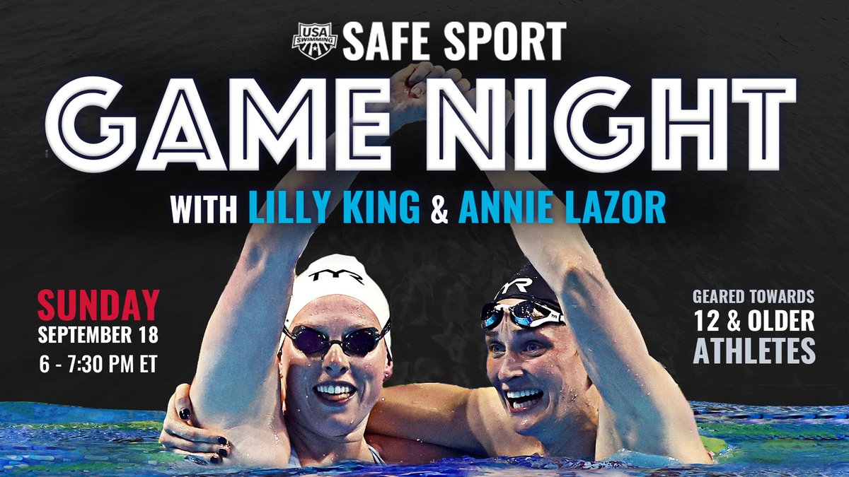 It's almost Game Night!

Details &amp; registration for the USA Swimming Safe Sport Game Night with <a href="/_king_lil/">Lilly King</a> and <a href="/lazorlaze/">Annie Lazor</a> ➡️ bit.ly/3Ri5pAD