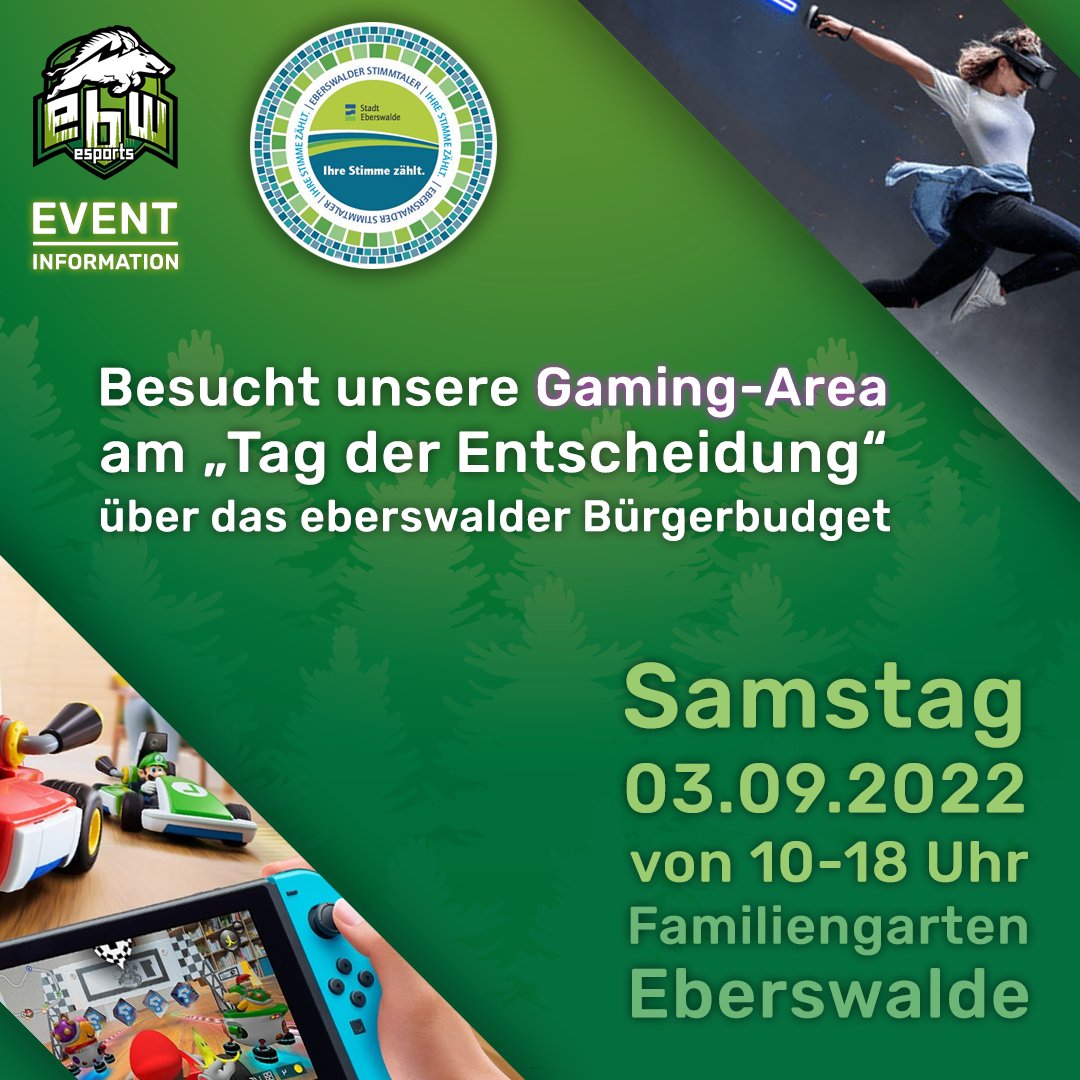 Event: Vorort beim Eberswalder Bürgerbudget // Samstag, 03.09.22

Mehr Infos auf Insta oder Facebook!

#yourlocalplayground
#ebwesports #eberswalde #bürgerbudget #barnim #brandenburg #gaming #esport #mariokart #mariokartlivehomecircuit #vr #oculus