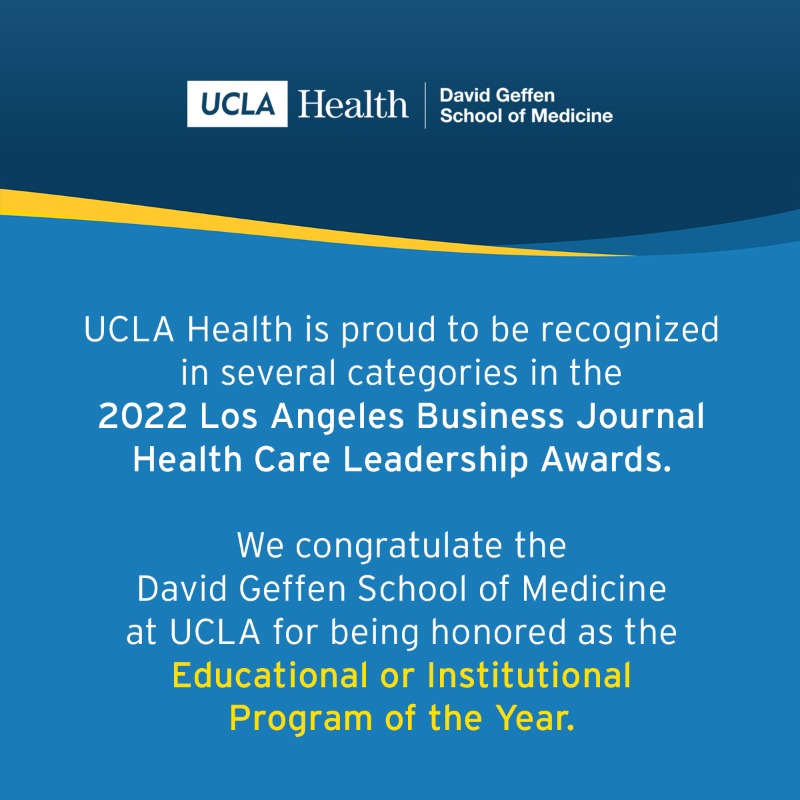 UCLAHealth's tweet photo. Thank you @LABJnews! We owe this honor to our dedicated & compassionate team members, visionary leadership and the support of the greater L.A. Community.
And congratulations to @dgsomucla for being honored as #LABJs 2022 Educational or Institutional Program of the Year.