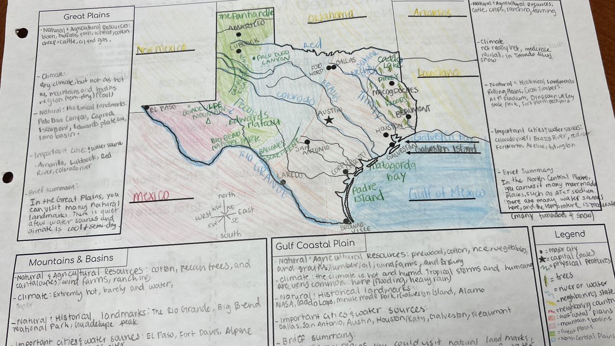 First map of Texas: done
Students mapped the cities, physical features, rivers and wrote descriptions of each region! #socialstudies #texashistory #bdjhpride #katyisd <a href="/Vdavenpo/">Valerie Davenport</a> <a href="/vwoyan/">Coach W</a> <a href="/BevoStevo96/">Stephen Stuessel</a> @KISDSocStudies <a href="/BeckendorffJH/">Beckendorff JH</a>
