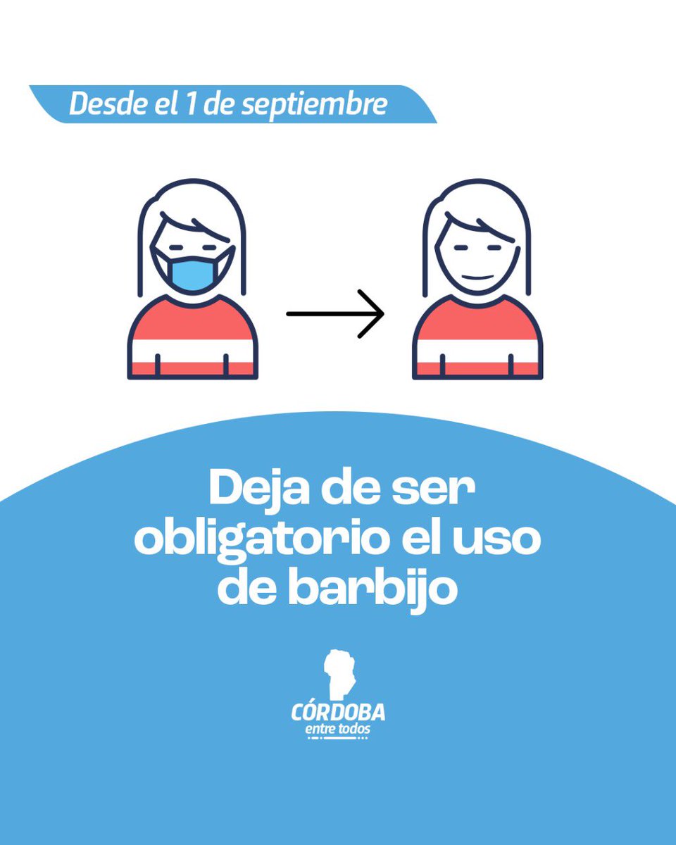 gobdecordoba's tweet image. 👩‍🦰 👨 A partir del 1° de septiembre el uso del barbijo dejará de ser obligatorio en los espacios cerrados de todo el territorio provincial y, por lo tanto, cada persona podrá optar si utilizarlo o no en estos ambientes. #Coronavirus